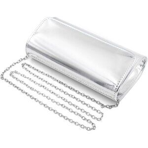 Silver Metallic Small Clutch Bag with Detachable Chain for Evening